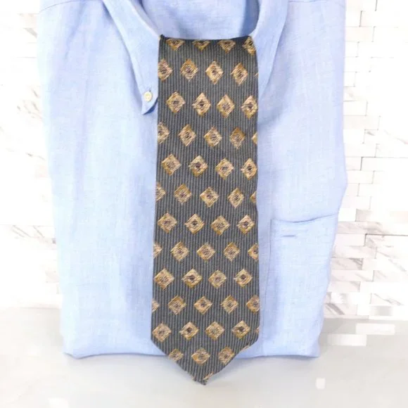 BRUTUS Men's Denim Blue Ivory Geometric Art Striped Necktie Silk Diamond Classic - Picture 1 of 10